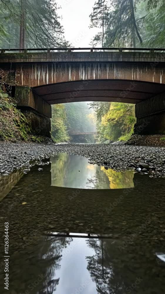 Poster tranquil riverside view under a rustic bridge in a serene forest setting during early morning hours