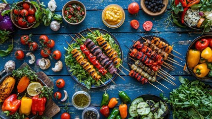 Fototapeta premium Colorful Street Food Market with Grilled Skewers and Salads