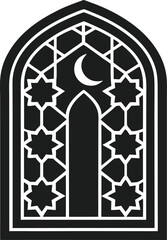 Silhouette Islamic Window with Geometric Patterns and Crescent Moon Vector Illustration