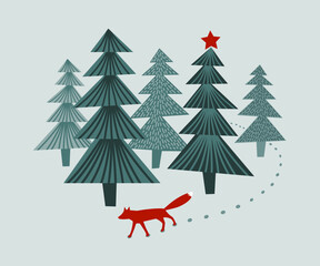 Fox in the forest, Christmas themed vector illustration.