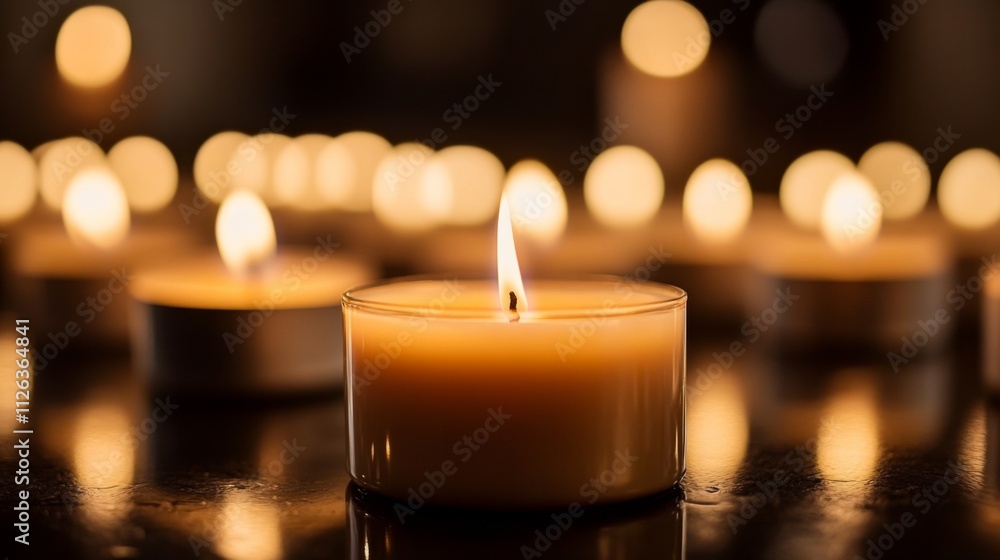 Poster luminous lit candles arranged in row on dark surface, glowing warmly in soft light, creating peacefu
