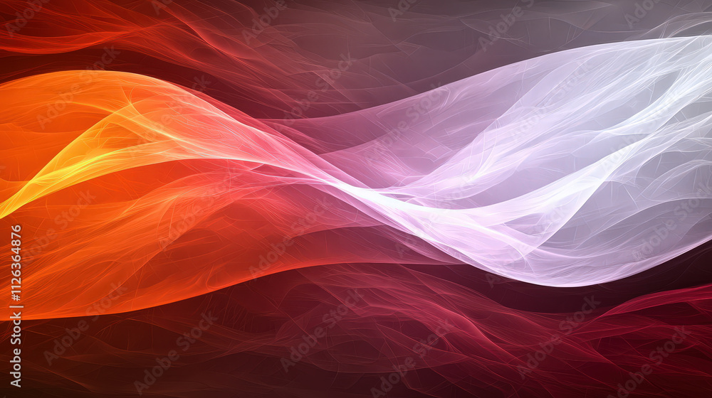 Poster vibrant abstract background with flowing waves in orange, red, and white hues, creating dynamic and 