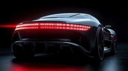 Sleek modern sports car taillights illuminated against dark background, emphasizing minimalist design with clean lines and low profile