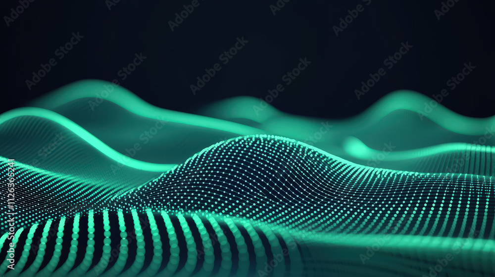 Poster digital abstract background with flowing green waves and dots, creating sense of depth and movement.