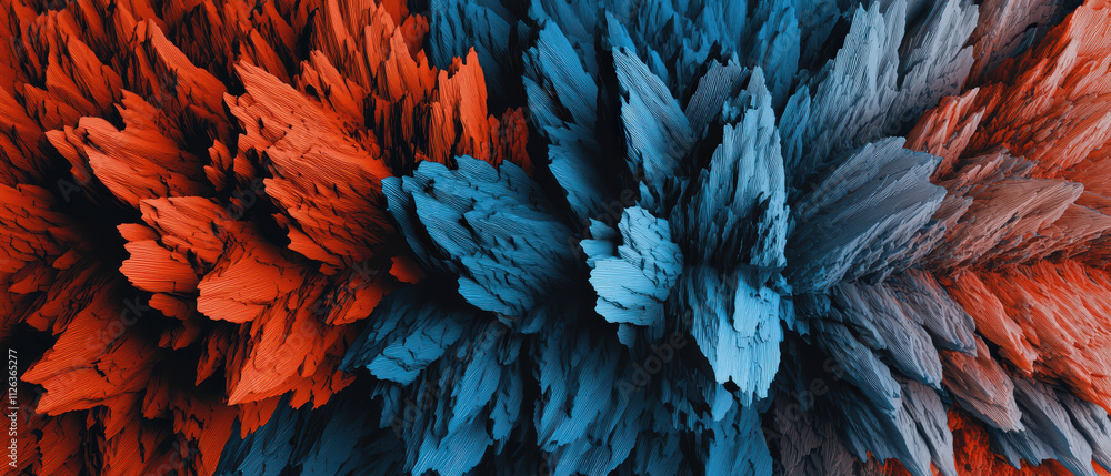 Poster vibrant abstract texture featuring sharp, jagged shapes in red and blue hues, creating dynamic visua