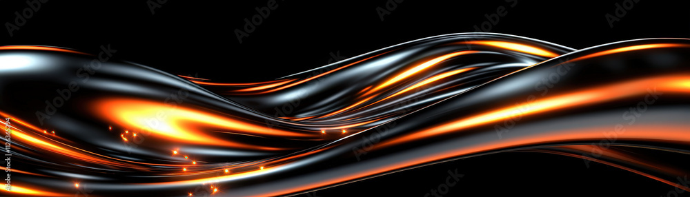 Poster shiny black and orange abstract waves create dynamic and fluid texture, evoking sense of movement an