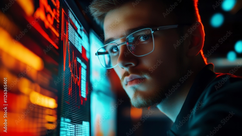Aufkleber focused young man in glasses analyzing colorful graphs on computer screen in futuristic tech environ