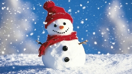 An amusing snowman, adorned with a trendy red hat and red scarf, graces a snow-covered field with a backdrop of brilliant blue skies