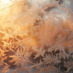 Close-up of a frosty window, backlit by the warm golden glow of sunlight, Generative Ai