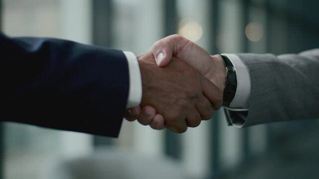 Close-up view of two unrecognizable business professionals shaking hands after sealing the deal at meeting