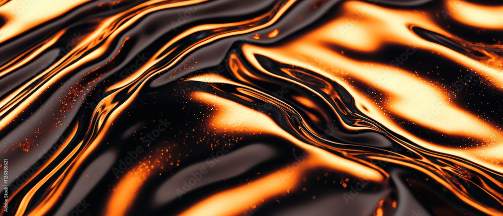Poster shiny black and orange abstract texture with flowing waves and sparkles. this digital background cre
