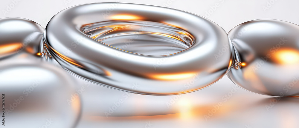 Poster shiny metallic abstract shapes with smooth curves and reflections create modern aesthetic. interplay