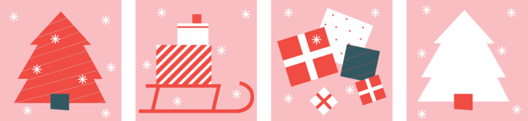 Fototapeta premium Christmas and Happy New Year. Winter Holiday. Merry Christmas modern design, holiday gifts, winter elements, candles, Christmas tree, village and Xmas decorations. 