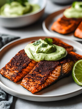a high-quality side view photograph of a white plate with Keto Blackened Salmon with Avocado Cream. Ingredients: For the Blackened Salmon: - 2 salmon fillets (about 6 oz each) - 1 tablespoon olive oi