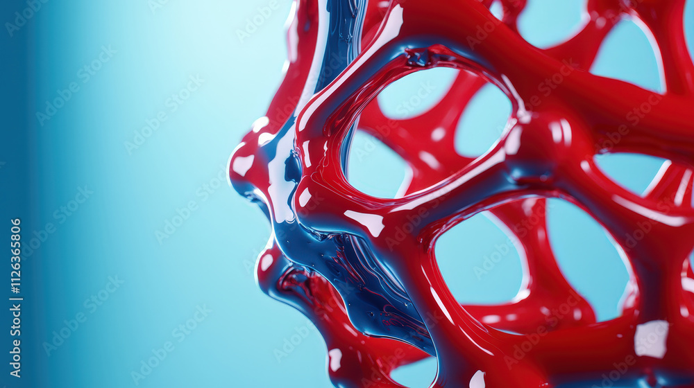 Poster vibrant abstract texture featuring interconnected red and blue forms, creating dynamic visual effect