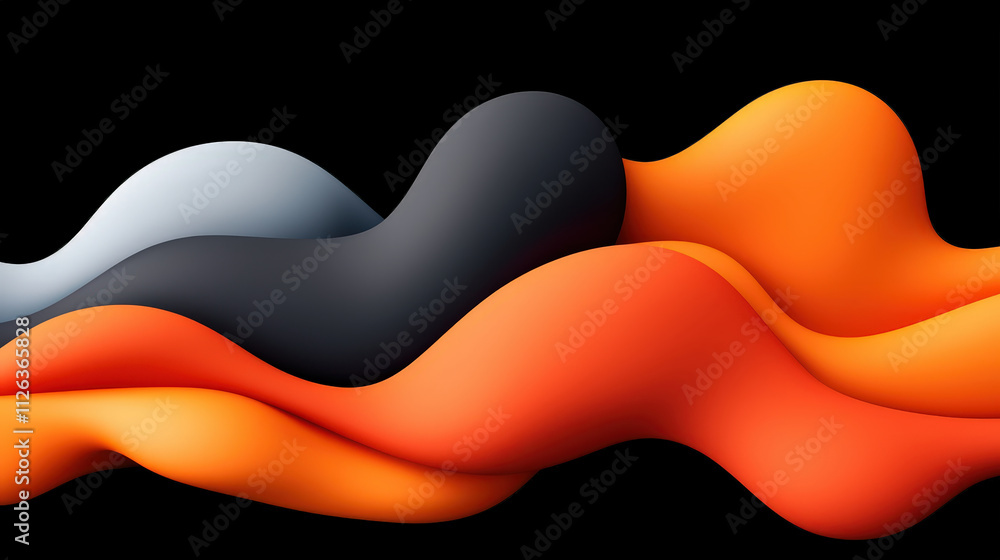 Poster smooth abstract waves in black, orange, and gray create dynamic visual effect. flowing shapes evoke 