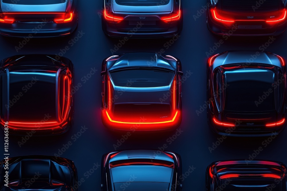 Poster A collection of various LED car headlights and tail lights is arranged neatly, providing ample blank space for additional text or graphics. Generative AI