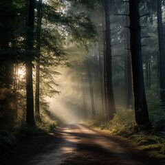 light rays piercing through the trees, creating a tranquil and mystical atmosphere, Generative Ai