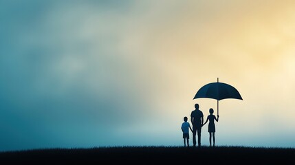 A family of three is walking in the grass with an umbrella
