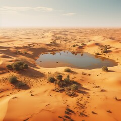 An aerial view of a small, vibrant oasis surrounded by vast, Generative Ai