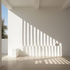 A minimalist composition, light stripes on the clean and white wall, Generative Ai