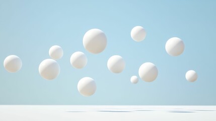 White spheres float against pale blue.