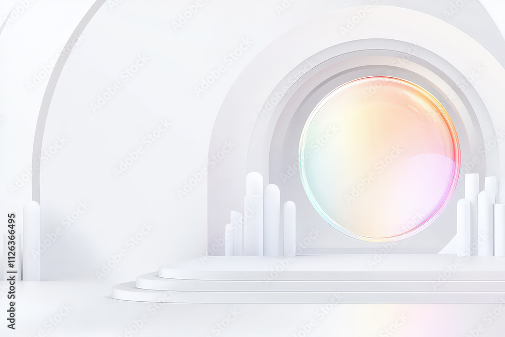 Poster modern abstract background featuring circular window with colorful gradient, surrounded by white geo