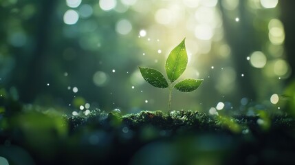 A young plant emerges from the ground, illuminated by soft light in a serene forest setting.