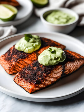 a high-quality side view photograph of a white plate with Keto Blackened Salmon with Avocado Cream. Ingredients: For the Blackened Salmon: - 2 salmon fillets (about 6 oz each) - 1 tablespoon olive oi