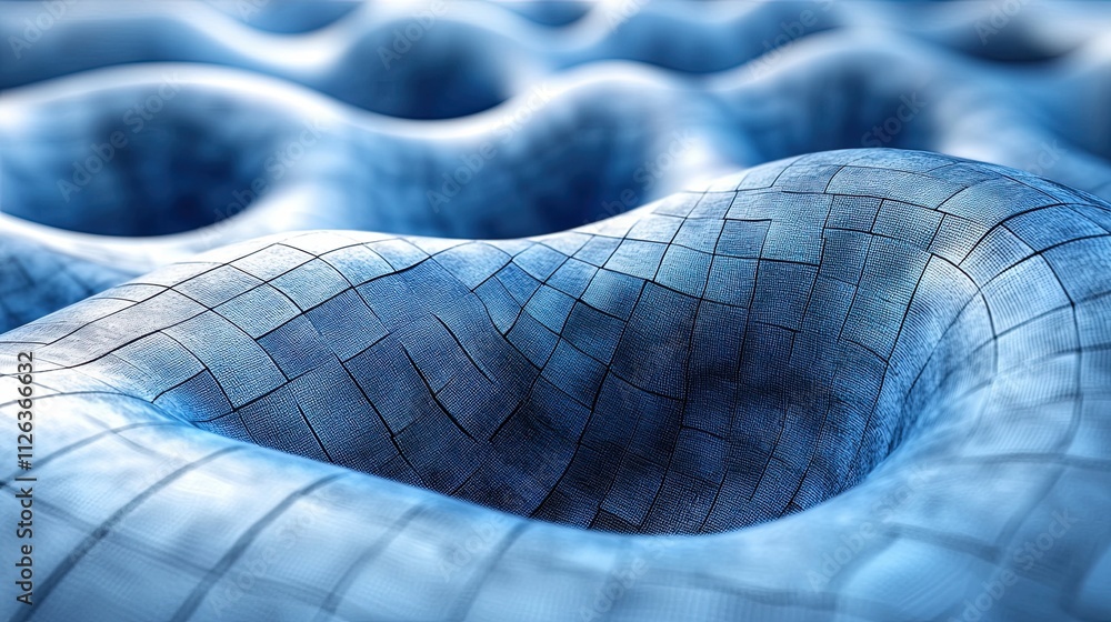 Poster complex blue wave patterns create textured surface with depth and dimension under soft light in abst