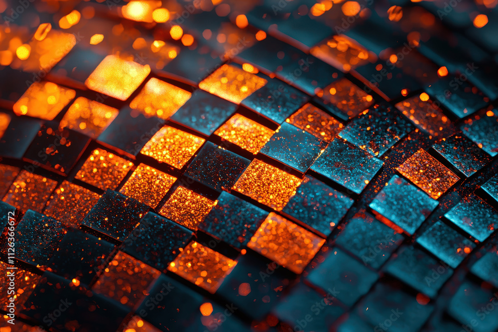 Poster vibrant abstract texture featuring glowing orange and blue squares, creating dynamic visual effect. 