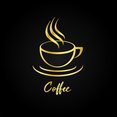Golden design vector template Coffee cup logo. Hot drink concept icon