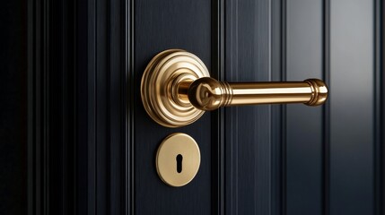 Obraz premium Brass cylindrical door handle on dark blue wood door with vertical design, isolated focus on handle