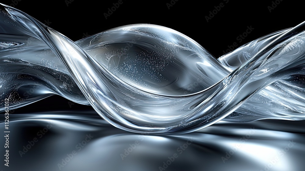 Poster flowing water-like forms create a mesmerizing display of transparency and light in a dark atmosphere