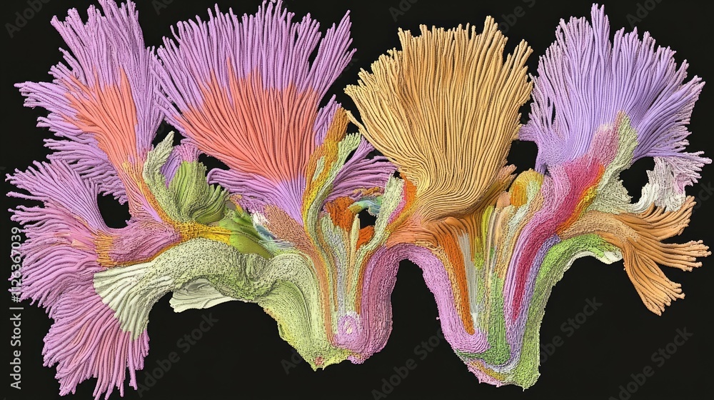 Poster a colorful 3d brain map with intricate details and highlighted regions to represent neural connectiv