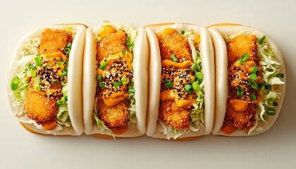 Delicious bao buns filled with crispy chicken and fresh vegetables, perfect for any meal.