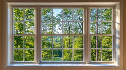 Fototapeta premium Scenic Wooden Window Frame with Greenery View, Sunlight Illumination, Grid Pattern Glass Panels, Room with Natural Lighting