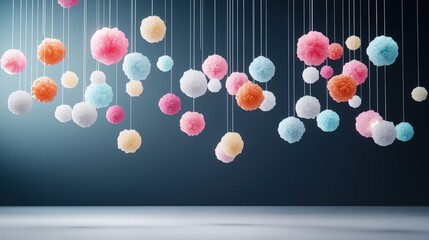 Colorful Hanging Pom Poms Against Dark Background