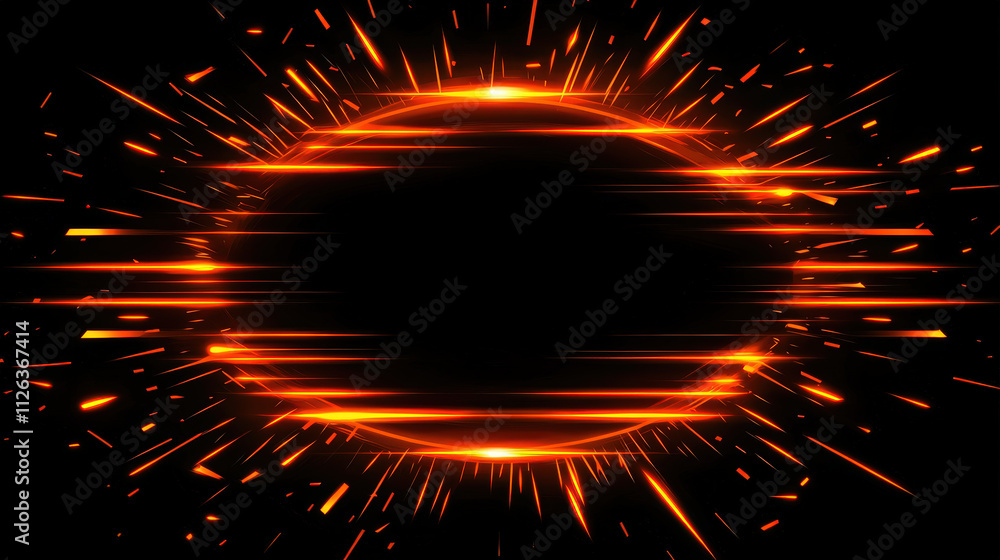 Poster bright orange sparks radiate from central point, creating dynamic and energetic abstract background.