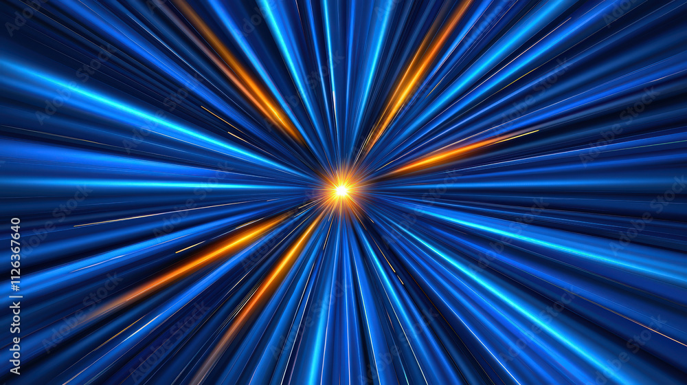 Poster vibrant blue and orange rays radiate from central point, creating dynamic abstract background that e