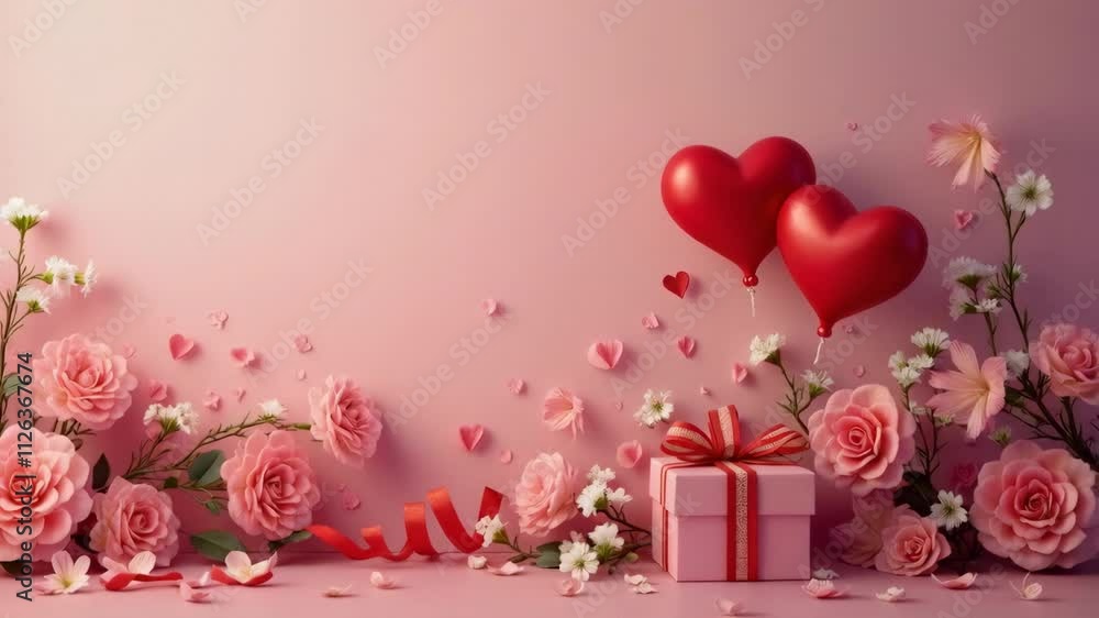 Poster a pink background with a red heart and two red balloons. the heart and balloons are surrounded by pi