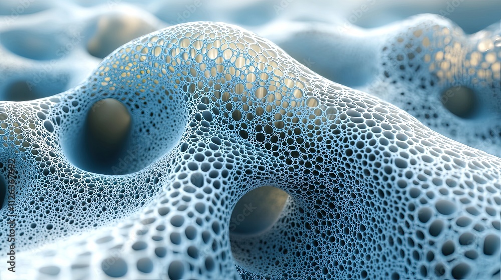 Poster blue porous structure showcasing intricate patterns and textures under soft lighting in a contempora