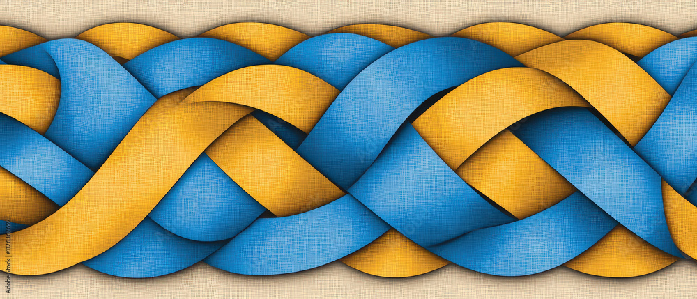 Poster textured blue and yellow intertwined ribbon pattern, creating visually striking design. smooth curve