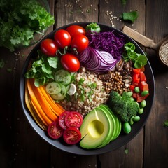 A colorful vegan Buddha bowl filled with fresh vegetables, grains, and seeds, shot from above on a rustic wooden table, Generative Ai