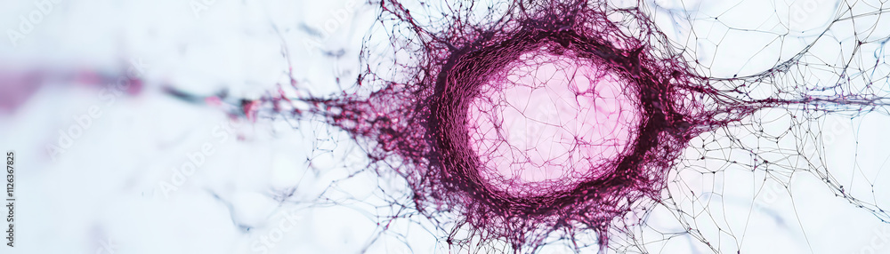 Poster close up view of neuron with intricate connections, showcasing vibrant pink hue against light backgr