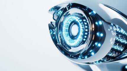 A futuristic robotic eye with glowing blue lights and a sleek metallic design.
