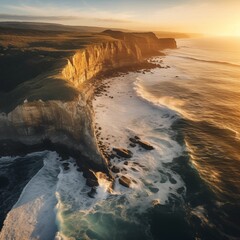 An aerial view of rugged coastal cliffs with waves crashing below, captured during golden hour with dramatic shadows, Generative Ai