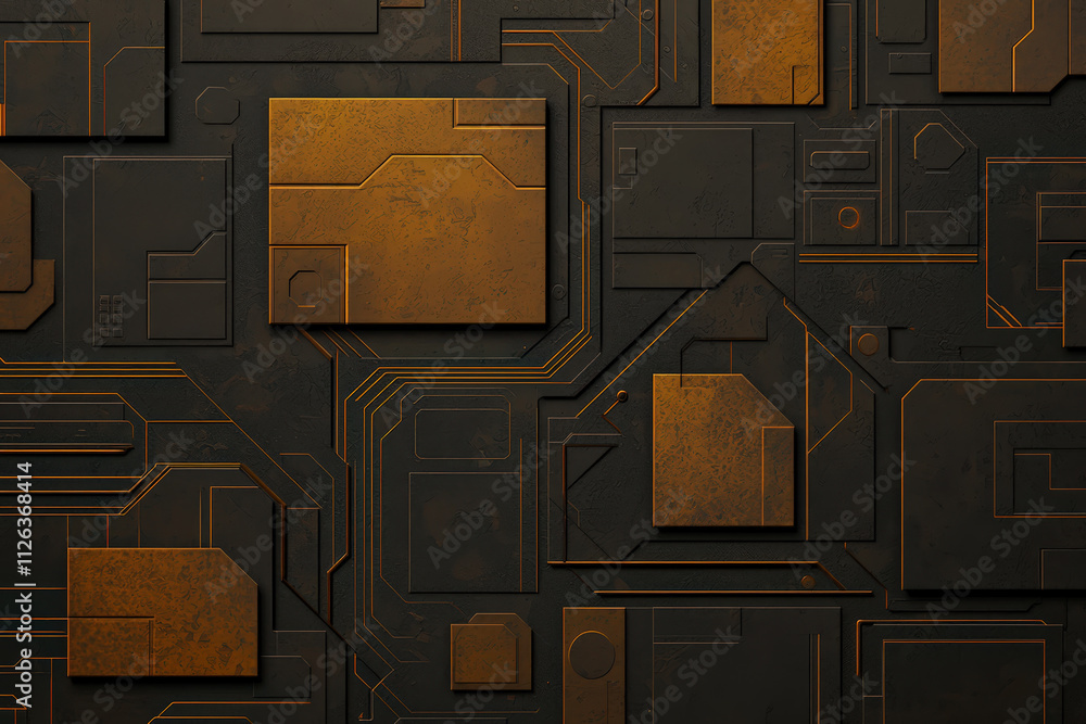 Poster textured abstract background featuring geometric shapes and circuit patterns in dark tones with meta