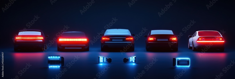Aufkleber Various LED car lights are arranged in a creative setup, showcasing headlights and tail lights against a dark background with ample space for text. Generative AI
