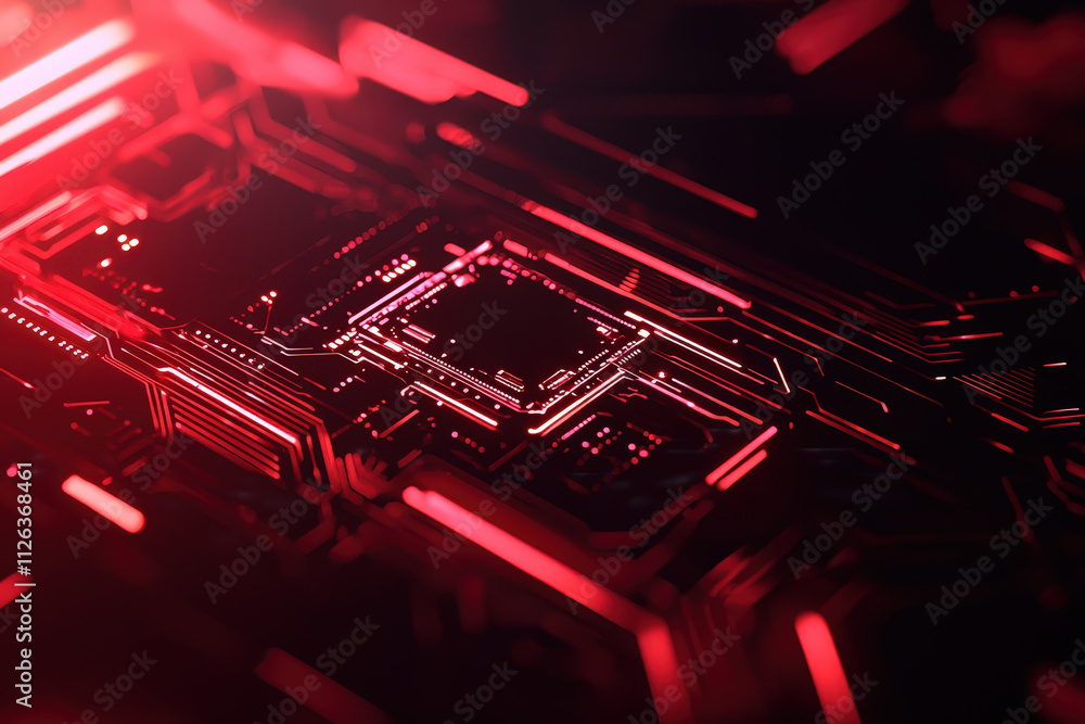 Poster digital abstract background with red circuitry and glowing lines, showcasing intricate patterns and 